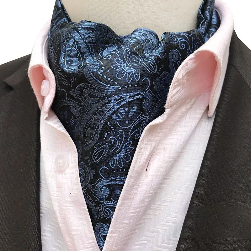 

2/1pcs Blue Men Vintage Wedding Formal Cravat Ascot Self British style Gentleman Polyester Silk Neck Tie Suit