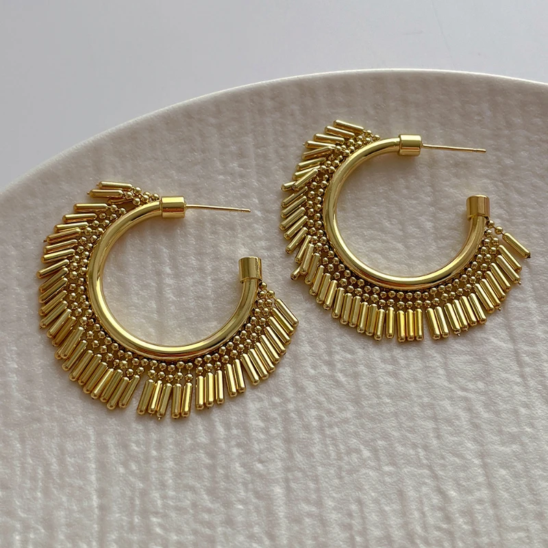 

Retro Jewelry 925 Silver Needle Metallic Small Tassel Hoop Earrings For Women Girl Personality Design Ear Accessories Gift