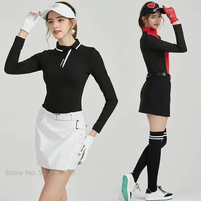 Blktee Autumn Ladies Sports Golf Tops Long Sleeve Patchwork Shirts Women High Waist Pencil Skirt Slim Split Skort Jersey Sets