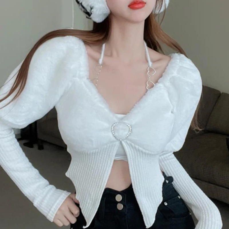 

Spring ChicIrregular Knitted T-Shirts Women Sexy Halter Neck Crop Top Autumn Streetwear Sweet Knit Long Sleeve White Tee Shirt