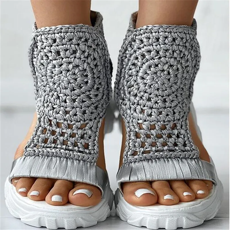 Sandals Women Braided Geometric Wedge Sandals Knitted Elastic Summer Shoes Mesh Flat Sandals Hollow Female Platform Shoes