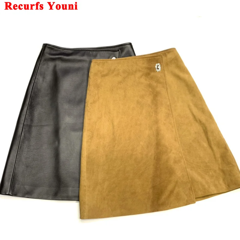 

Suede Skirt Women Female Chic Genuine Leather Midi Knee-length Saias OL Formal Metal Button Yellow Black Faldas Mujer Moda 2023