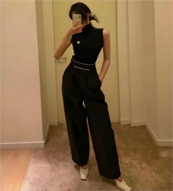 AAW045 Spring Autumn Women High Waist Wild Loose Fashion Elastic Waist Casual Suit Wide Leg Trousers  A2