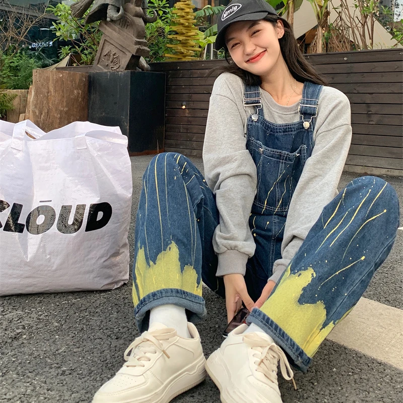 Vintage High Street Cargo Jean Jumpsuits Women Fashion Print Baggy Overalls Harajuke Loose Waist Denim Trousers Female