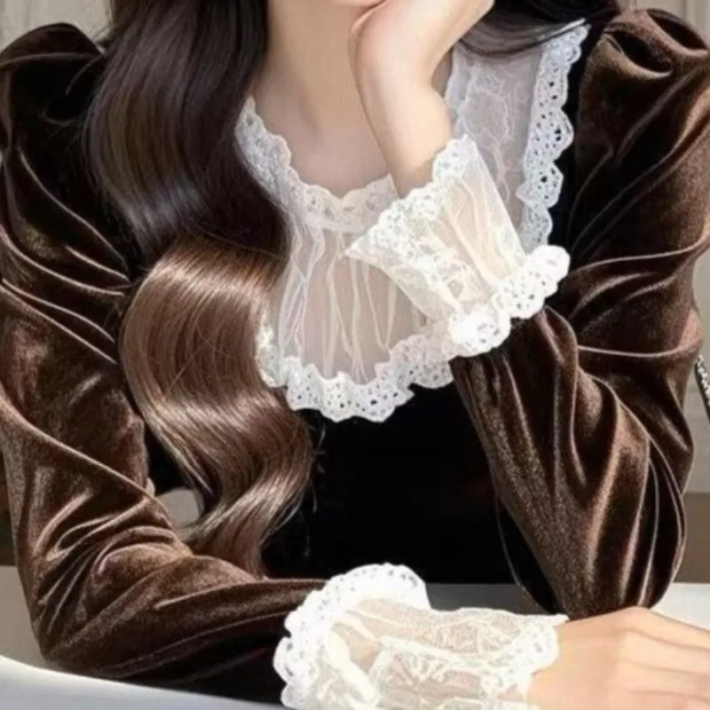 Matakawa кружевные бархатные блузки осень-зима корейская мода винтажные