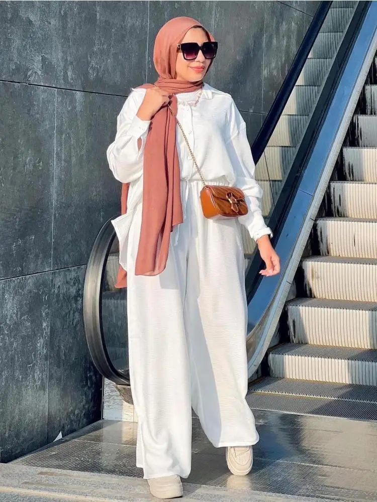 

Women's Loose Solid Two Piece Set Casual Turn Down Collar Long Sleeve Shirt Blouse High Waist Temperament Flare Pants Ladies Set