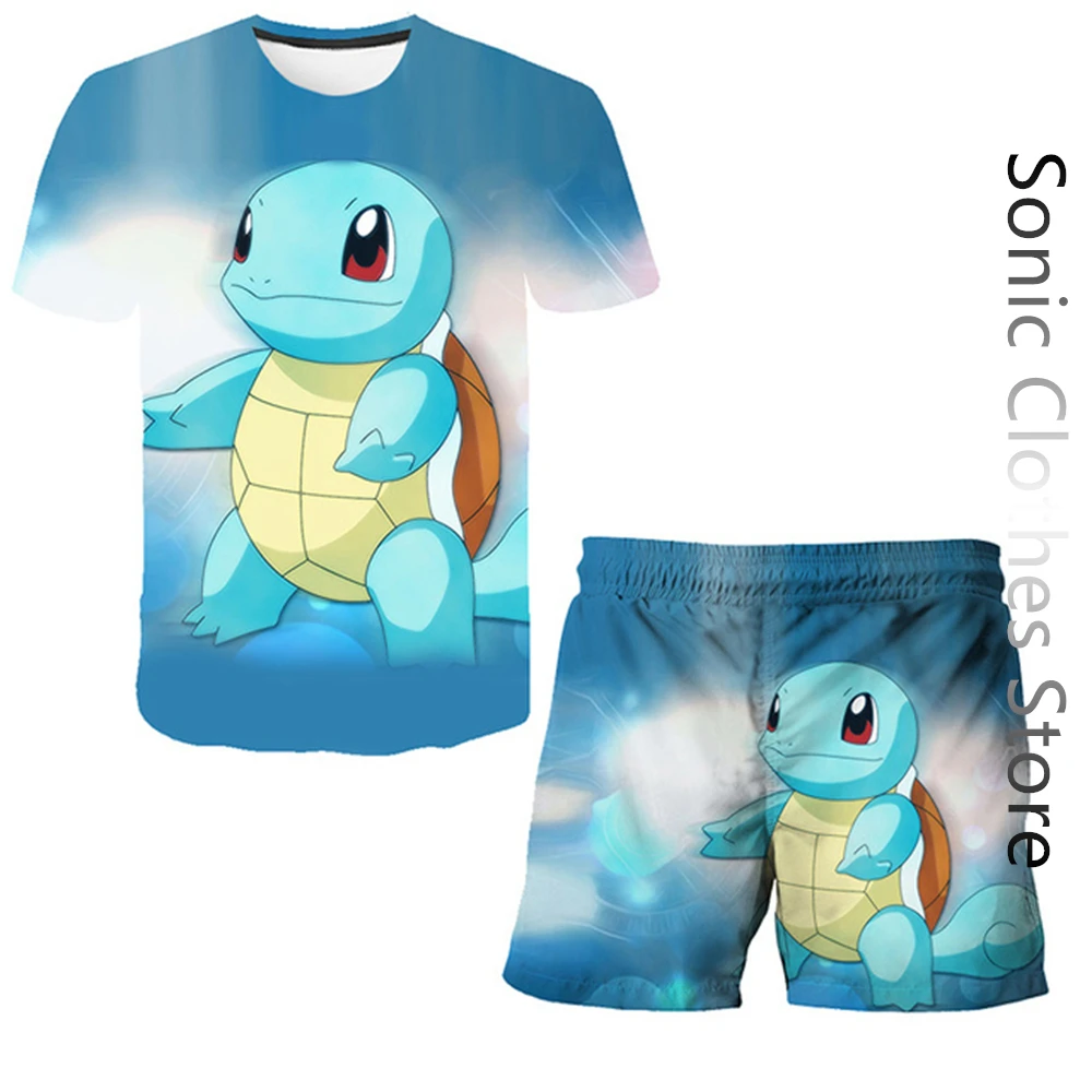 

Summer Kawaii Pokemon Tshirt Set Kids Men Short-sleeved Shorts Suit Beach Tracksuit 2 Piece Set Outfit Casual Pikachu Tops