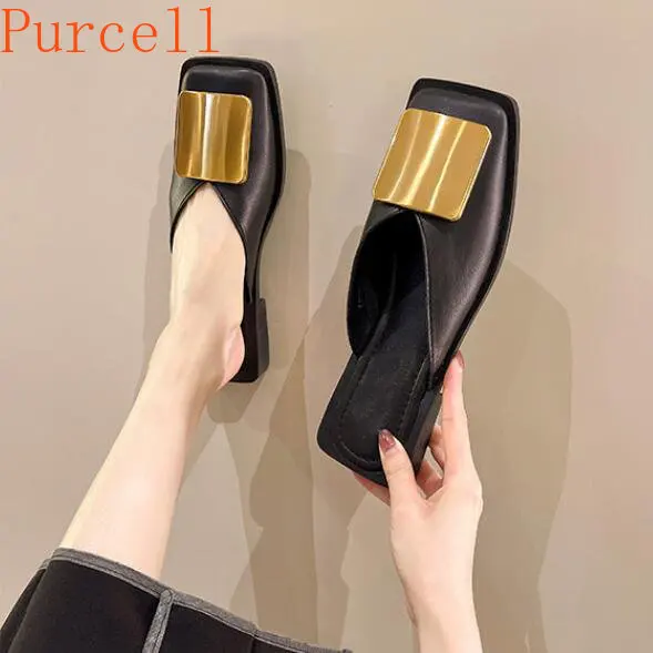 Women's slippers 2023 summer new fashion square head flat bottom sandals