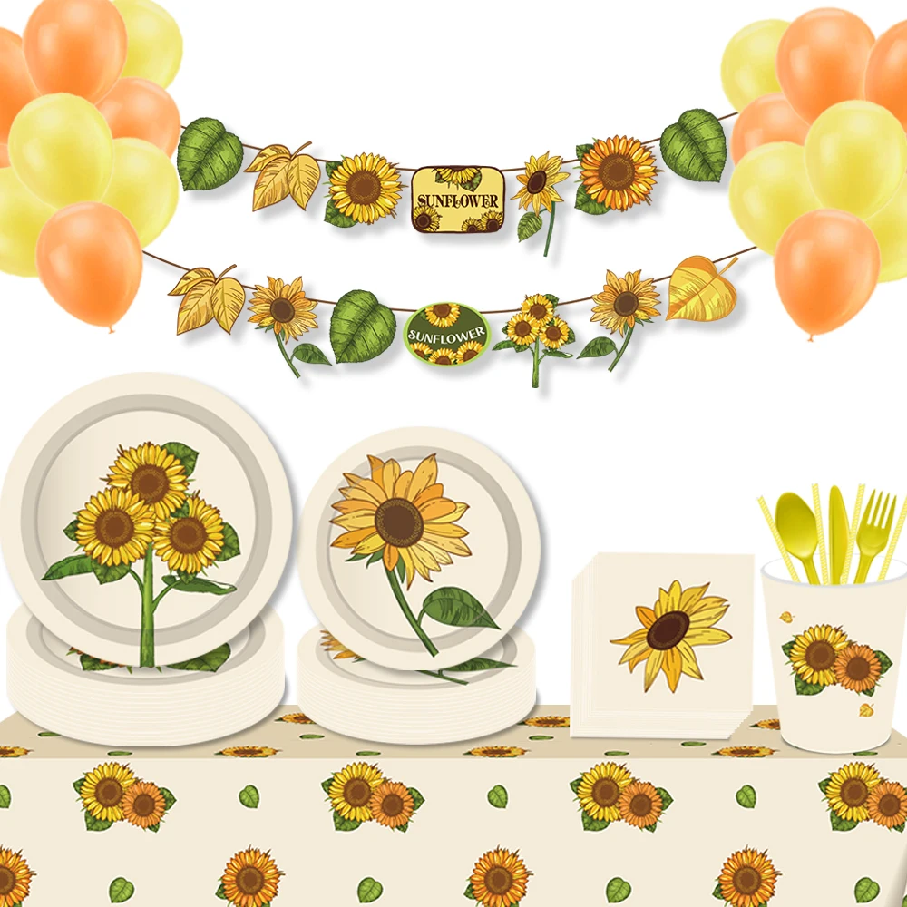 

Cartoon Spring Flower Sunflowers Wedding Party Disposable Tableware Sets Plates Tablecloths Banner Birthday Party Decorations
