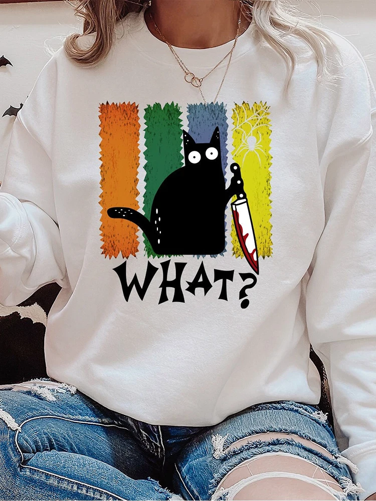 

Original Design Cute Black Cat What With Knife Sweatshirts for Women Casual Warm Long Sleeves O-Neck Hoodies Female Clothing