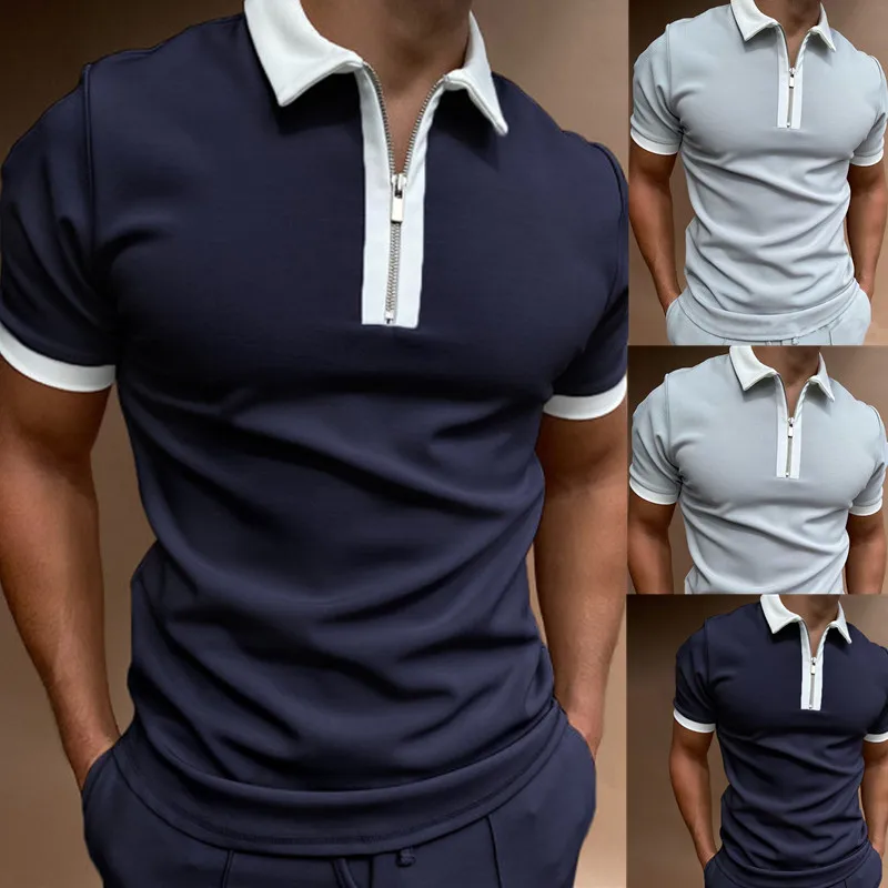 

2022 Pure Summer Men's Fashion Polo Shirts Patchwork Short Sleeve For Men Casual turn-down Collar zip-up Slim Polo Tops