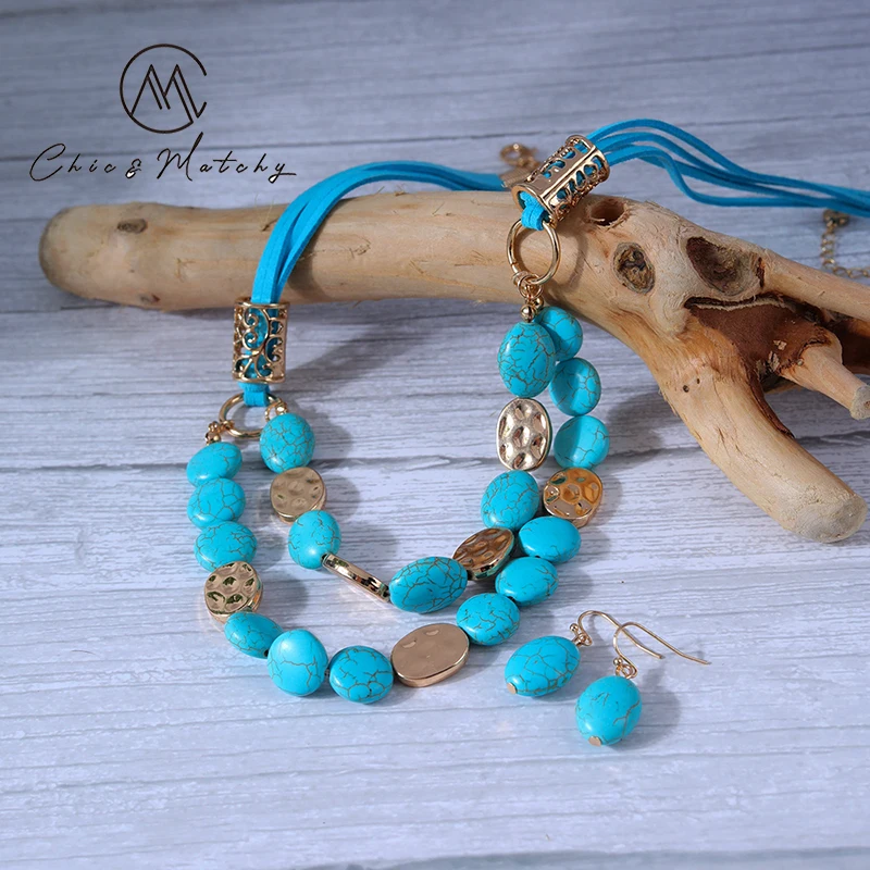

Chic Matchy Blue Turquoise Natual Stone Necklace Sets 2 Layers Necklace Fish Hook Earrings Semi-Precious Stone Retro Jewelry Set