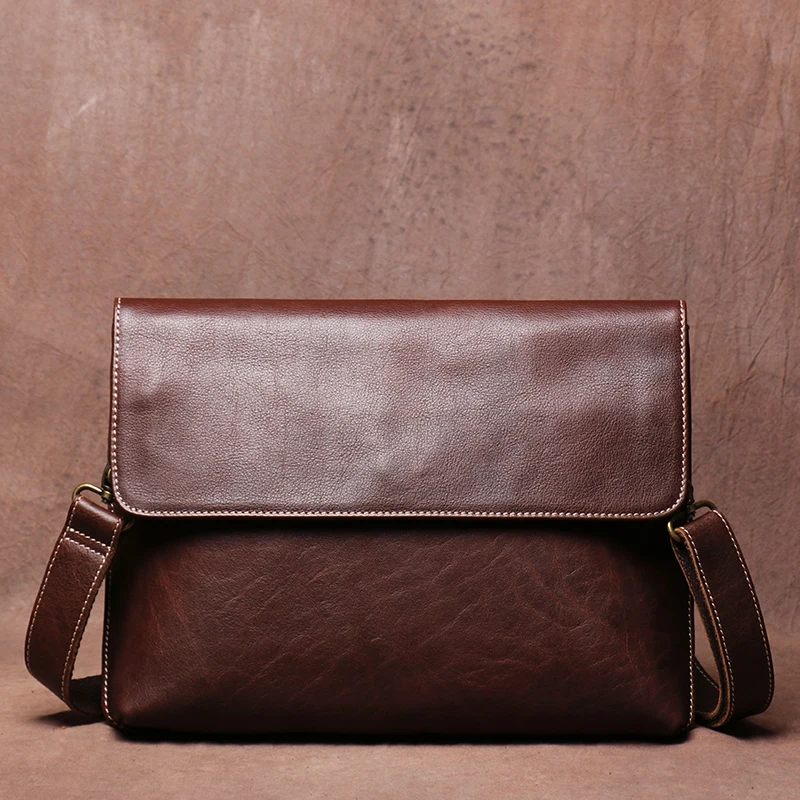 Retro Crazy Horse Leather Shoulder Messenger Bag Men's Simple Casual Genuine Leather Clutch Bag Ipad Bag 30*3*22cm