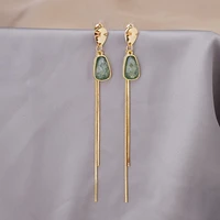vintage green crystal long tassel earrings for women femme gold color alloy chain geometric drop dangle earrings party jewelry