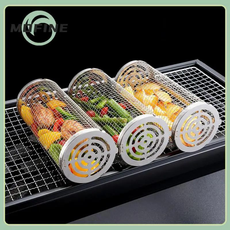 

1set Save Time And Effort Barbecue Net Stainless Steel Stainless Steel Bbq Barrel Durable Rolling Bbq Cage Kitchen Gadgets