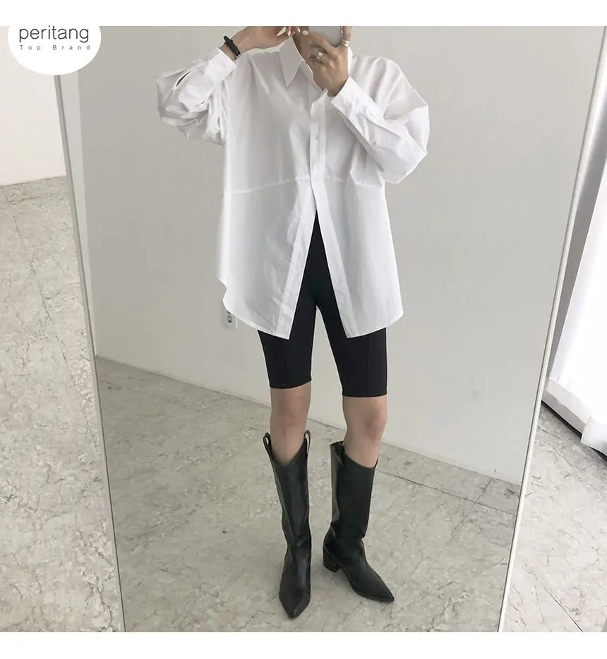 

PERITANG Minimalist Loose White Shirts for Women Turn-down Collar Solid Female Shirts Tops 2023 Spring Summer Blouses