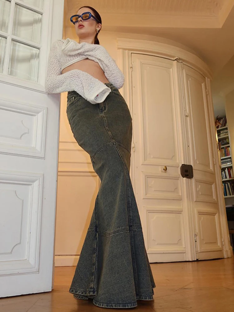 

Женская джинсовая юбка в стиле пэчворк, длинная облегающая юбка с завышенной талией, юбка-годе в винтажном стиле, Y2K, лето-осень 2023