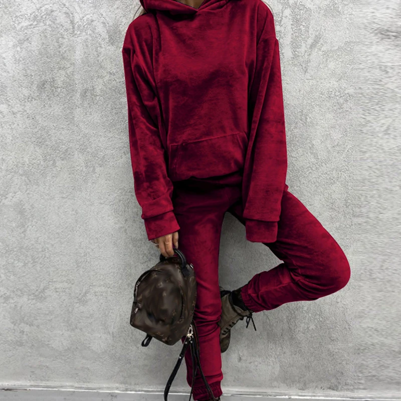 Winter Velvet Two Piece Set Women Fashion Solid Long Sleeve Hoodie Sweatshirt And Pants Tracksuit Ladies Elegant Slim Suits Fall