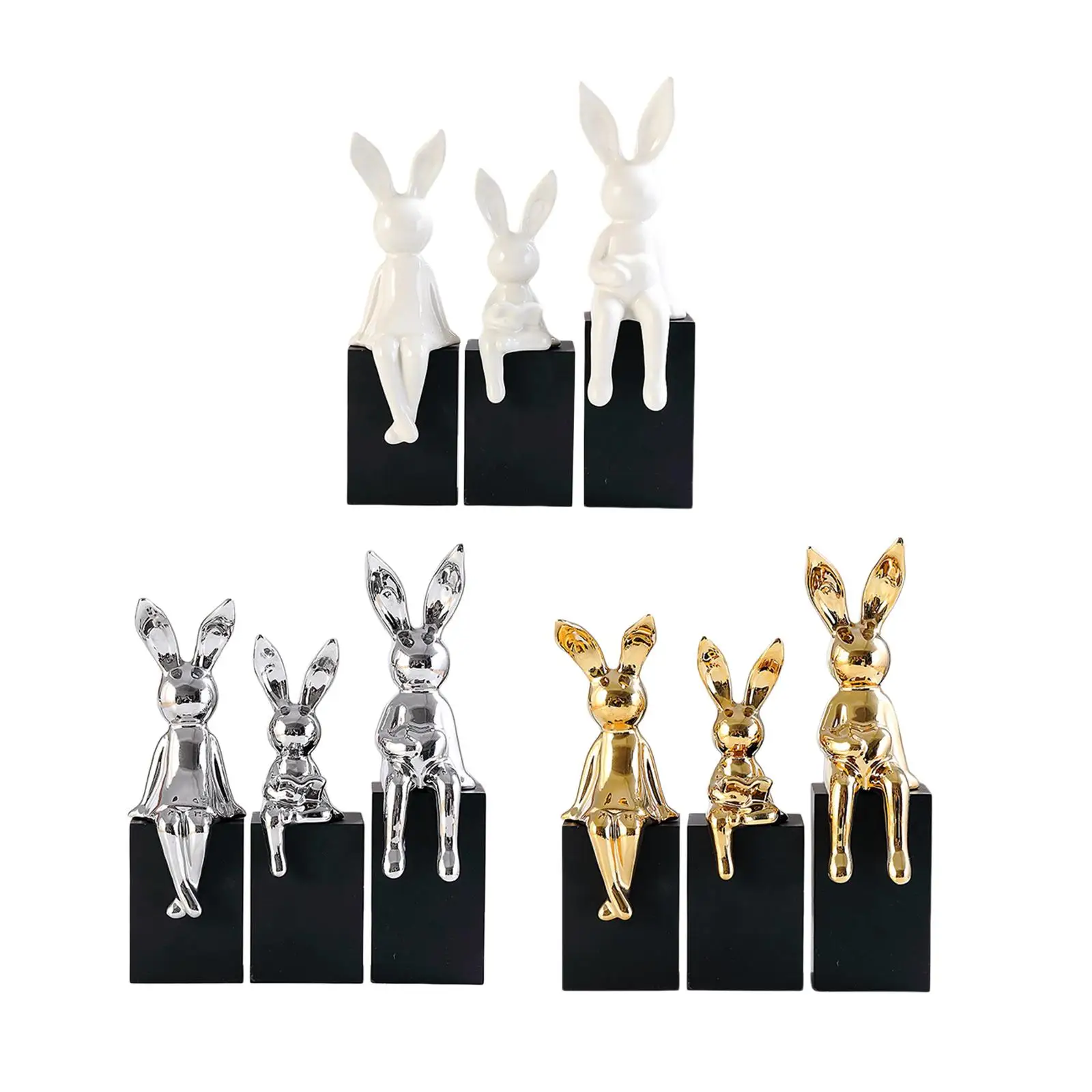 

3Pcs Animal Figures Desk with Wood Base Bunny Sculptures Rabbit Family Statues Figurines for Office Thanksgiving Easter Cabinet