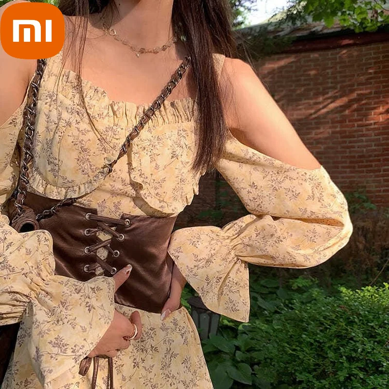 

Xiaomi Summer Floral Casual Dress Women High Waist Elegant Sweet Dress Female Backless Bandage Beach Outing Strap Korean Clothes