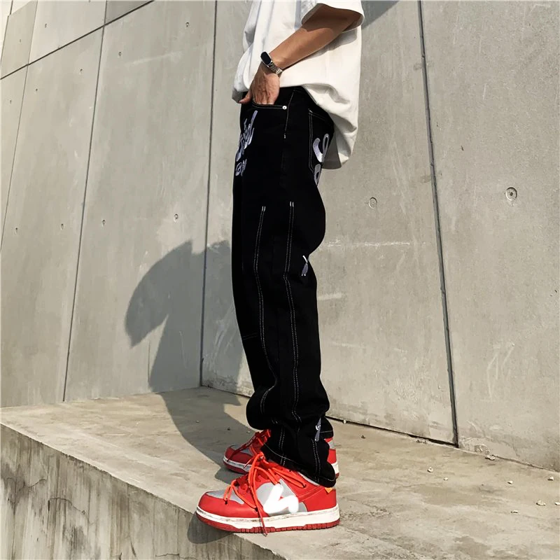 Men's Y2K Clothes New Fashion Letter Embroidery Baggy Men Jeans Straight Casual Black Denim Trousers Pants For Men Streetwear