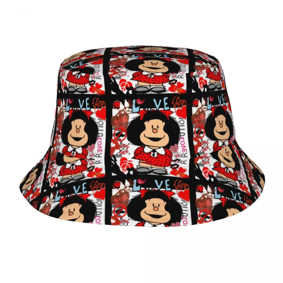 

Summer Beach Vacation Getaway Headwear Love And Mafalda Surrounded By Hearts Bob Hats Hot Sun Hat Boonie Foldable Fishing Hat