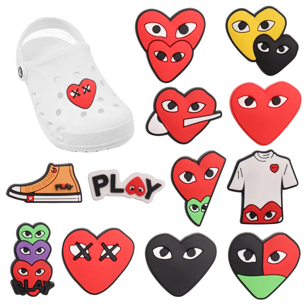 

Wholesale 50pcs PVC Shoe Accessories Cartoon Red Green Heart PLAY Shoe Decoration Fit Croc Jibz Charm Boys Girls Party Present