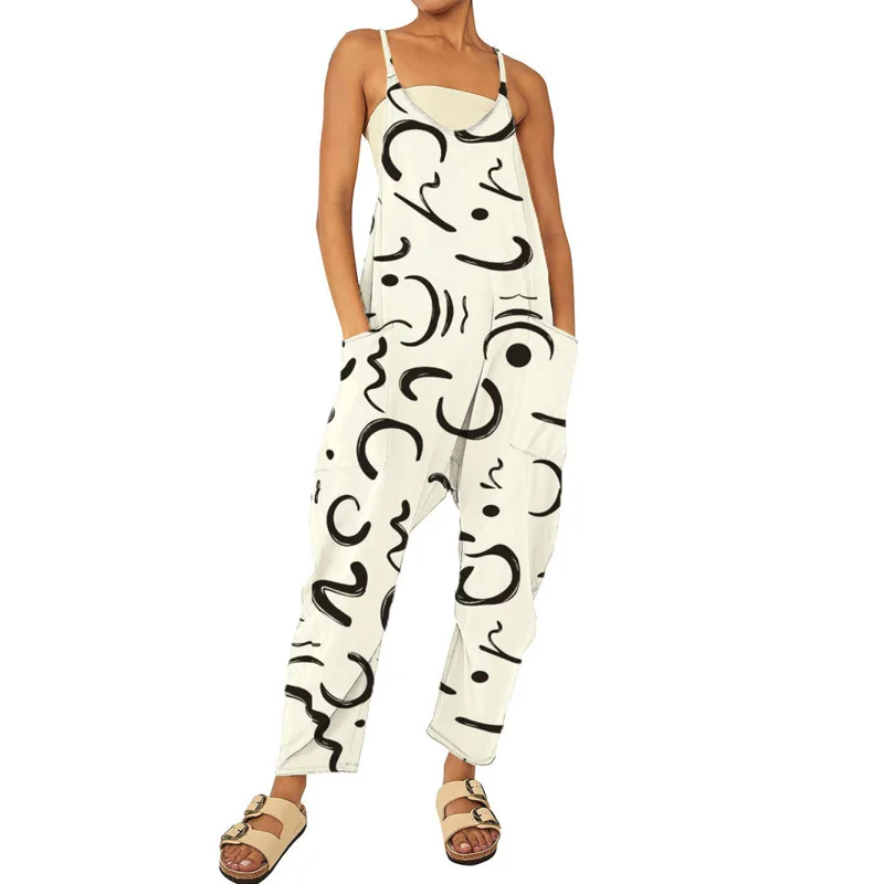 2023 New Summer Fashion Casual Denim Look Print Jumpsuit Women's Street Loose Pockets Strap Long Pants Jumpsuit Women
