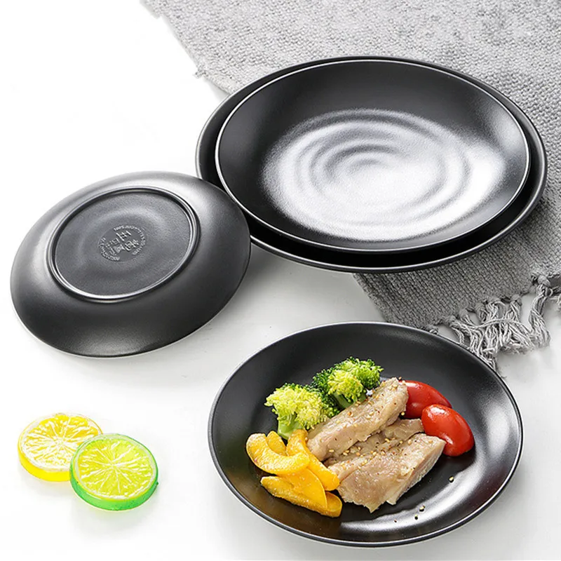 

Black Melamine Anti-fall Dinner Plate Round Food Snacks Sushi Steak Tray Dessert Tea Tableware Dish Kitchen Accessories