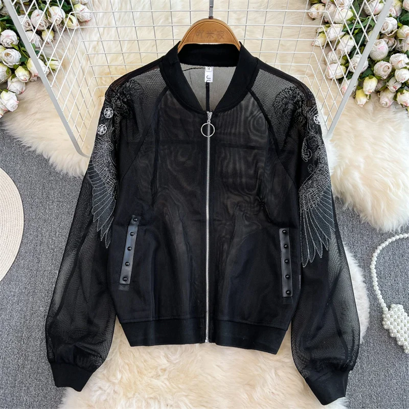 

Vintage Wing Embroidery Thin Sunscreen Cardigan Coat Korean Loose Stand Collar Long Sleeve Baseball Jacket Casual Short Outwear