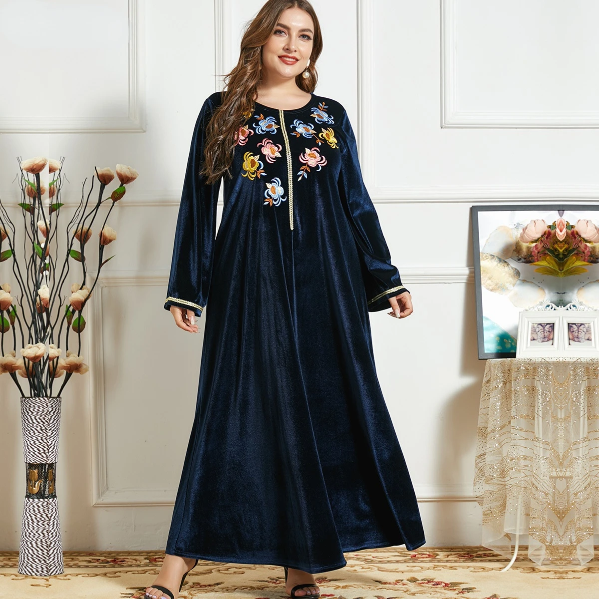Женское длинное платье с вышивкой, длинное бархатное платье в мусульманском стиле с широкой юбкой, индейка, Рамадан на шнуровке, одежда в ис...