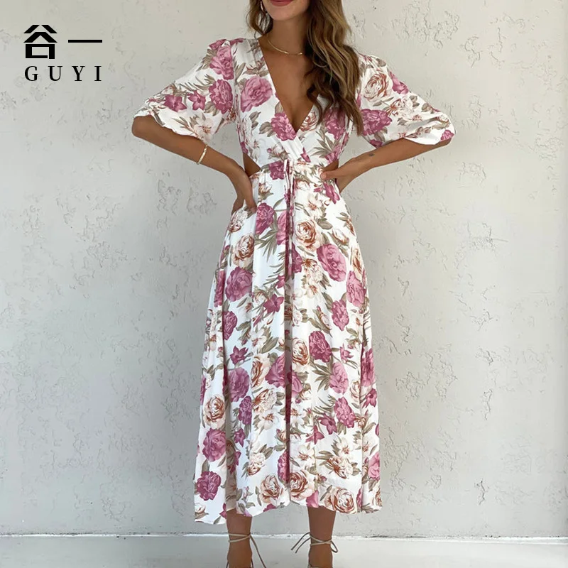 

2022 Summer New European and American Women's Dress V-Neck Short Sleeve Big Pendulum Printed Temperament Long Dress Sexy Dress