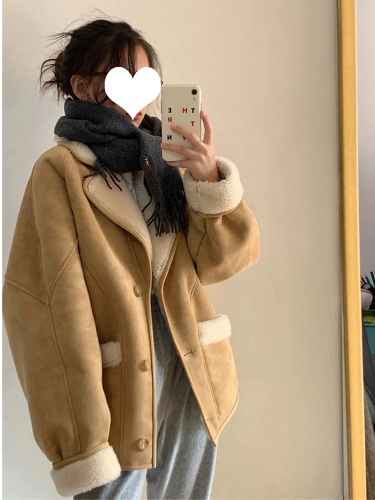 

Thicken Warm Lambs Wool Women Parka Lapel Retro Autumn Winter Cotton Padded Coat Oversize Ladies Chic Down Jacket Locomotive