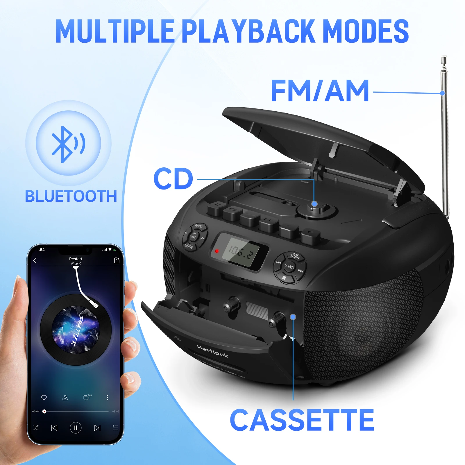 Кассетный проигрыватель компакт-дисков Бумбокс Bluetooth магнитофонная запись