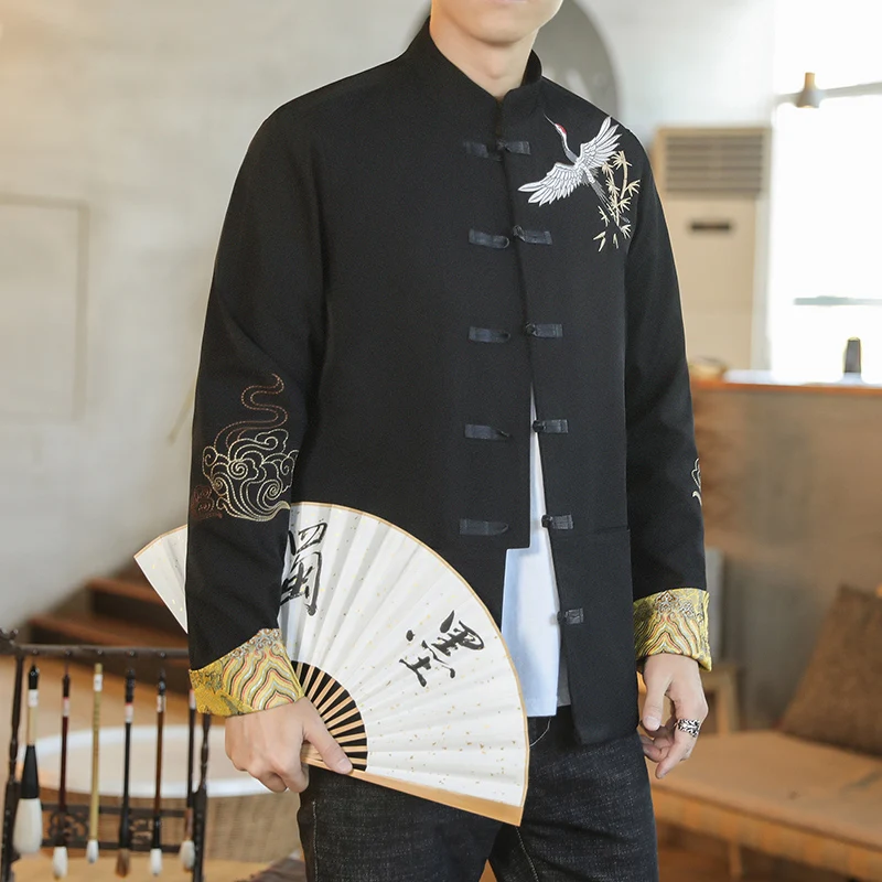

Chinese Style Creative Fun Flying Crane Embroidery Jacket Coat Men's Kung Fu Hanfu Tang Suit Top Japanese Streetwear