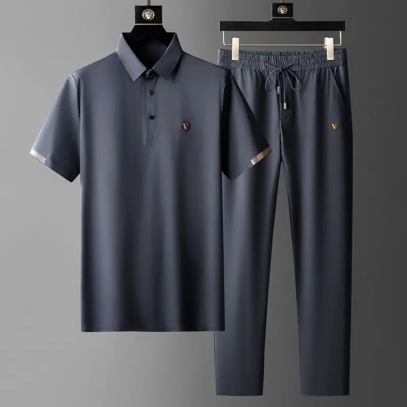2022 Spring and Summer New Thin Simple Quick-Drying Outfit Men's Business Polo Shirt Summer Loose Long Pants  Men Clothes