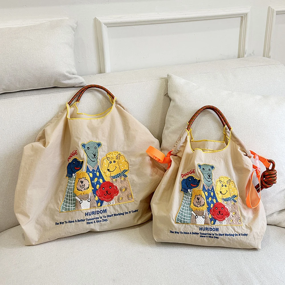 Cartoon Embroidery Eco Bag Bear Designer Women Shoulder Bag Rope Handle Shopper Purses and Handbags Nylon Tote Bags for Women