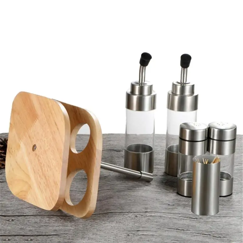 

Seasoning Bottle Set With Wooden Rack Translucent Pepper Bottle Holder Kitchen Tools For Oil Salt Vinegar Soy Sauce Storage CW