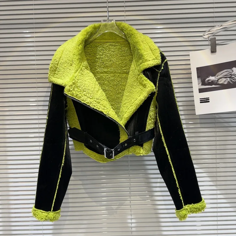 

PREPOMP 2023 зимняя новая коллекция искусственная овечья шерсть мех кожа черный Pu куртка ремень для женщин GH042