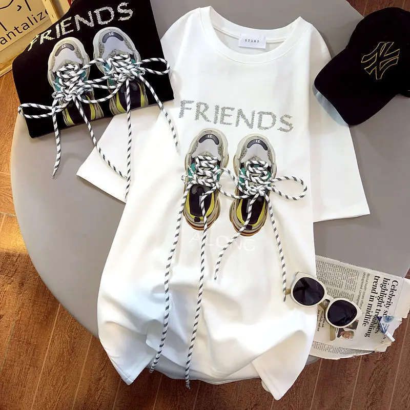 

Harajuku Shoes Straps Tees Summer Loose Women T Shirt Fashion Female Cotton Hot Drill Letters Friends Diamonds Tops Girl 2022