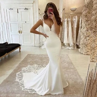 elegant deep v neck mermaid wedding dresses 2022 lace appliques cap sleeve backless formal custom made robe de mariee customize