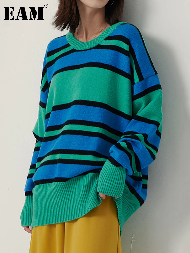 

[EAM] полосатый вязаный свитер большого размера, свободный крой, v-образный вырез, длинный рукав, женские пуловеры, новая мода весна осень 2022 ...