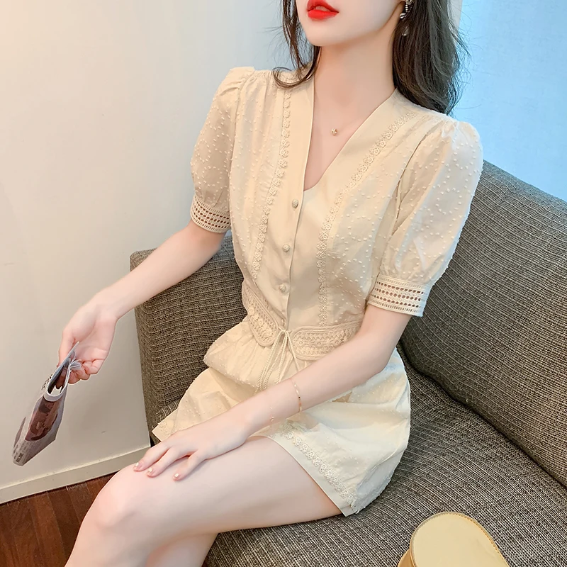 

Women Summer New Shirt Temperament Sweet Unique Lace Chiffon Tops Two Piece Set