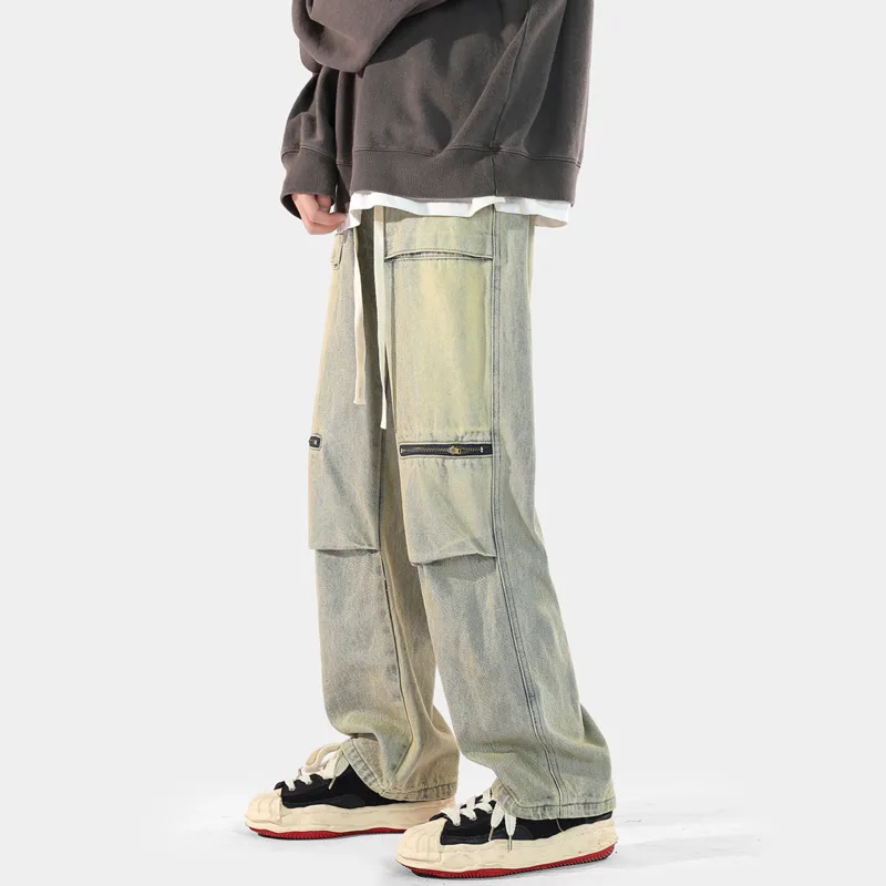3-color Baggy Jeans Men Fashion Pocket Cargo Jeans Men Japanese Streetwear Hip Hop Loose Straight Denim Pants Mens Trousers