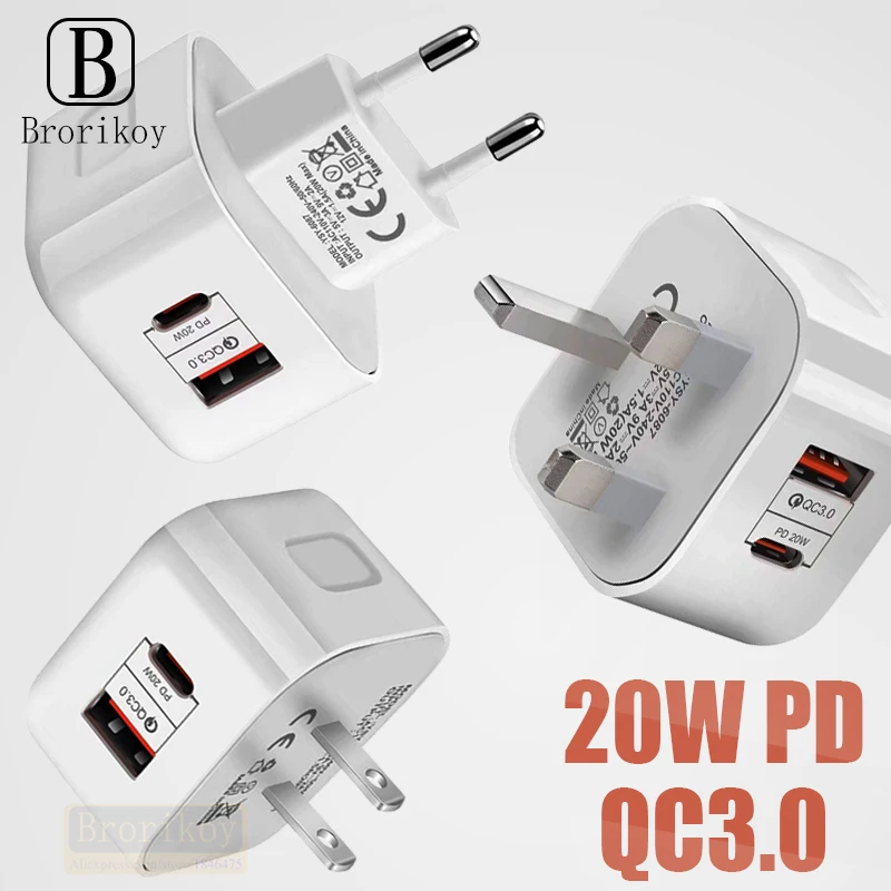 

EU US UK Plug 20W Fast Charging Mobile Phone Charger Quick Charge QC 3.0 With PD Adapter Wall USB Charger For IPhone 12 Samsung