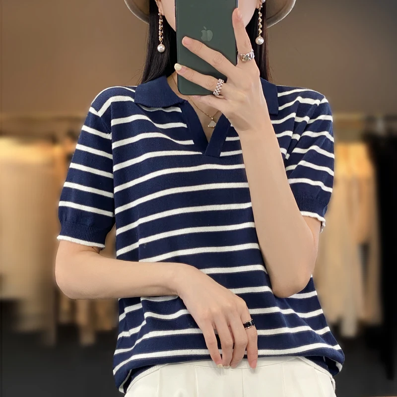 Женская новая летняя футболка с лацканами 100% хлопок женская коротким рукавом