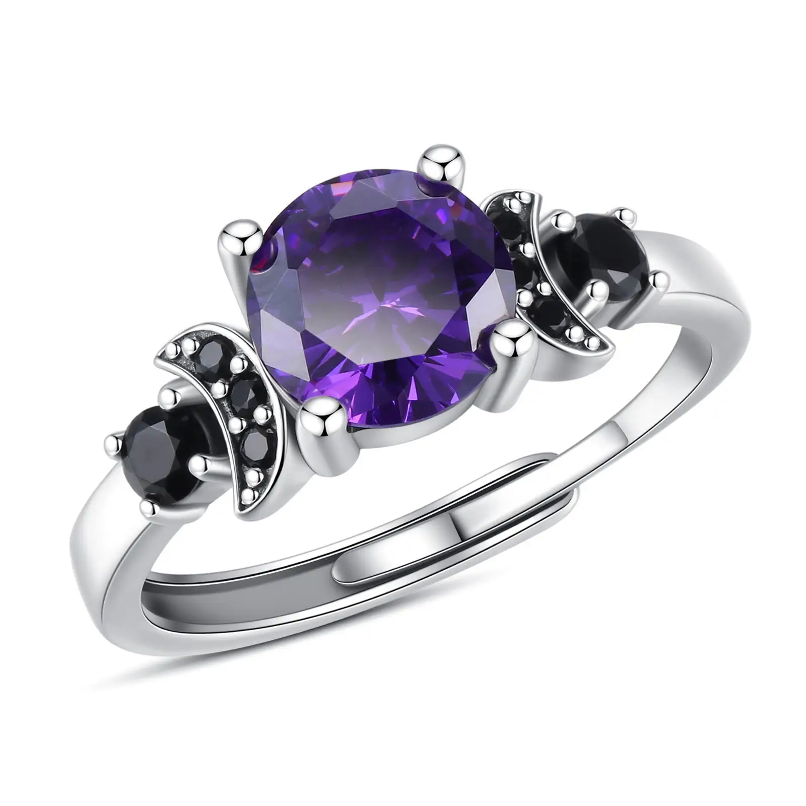 

925 Sterling silver purple cubic zirconia pagan viking wiccan triple moon goddess ring for women