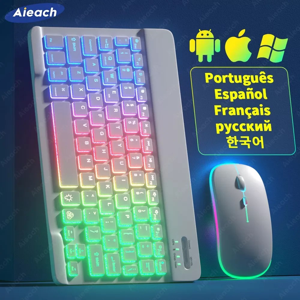 For Tablet iOS Windows Wireless Mouse Keyboard Bluetooth-compatible Rainbow Backlit Keyboard For iPad Phone