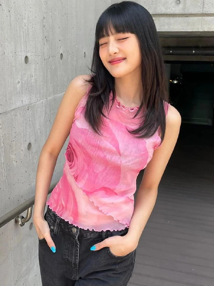 

Женская футболка с оборками и круглым вырезом, без рукавов