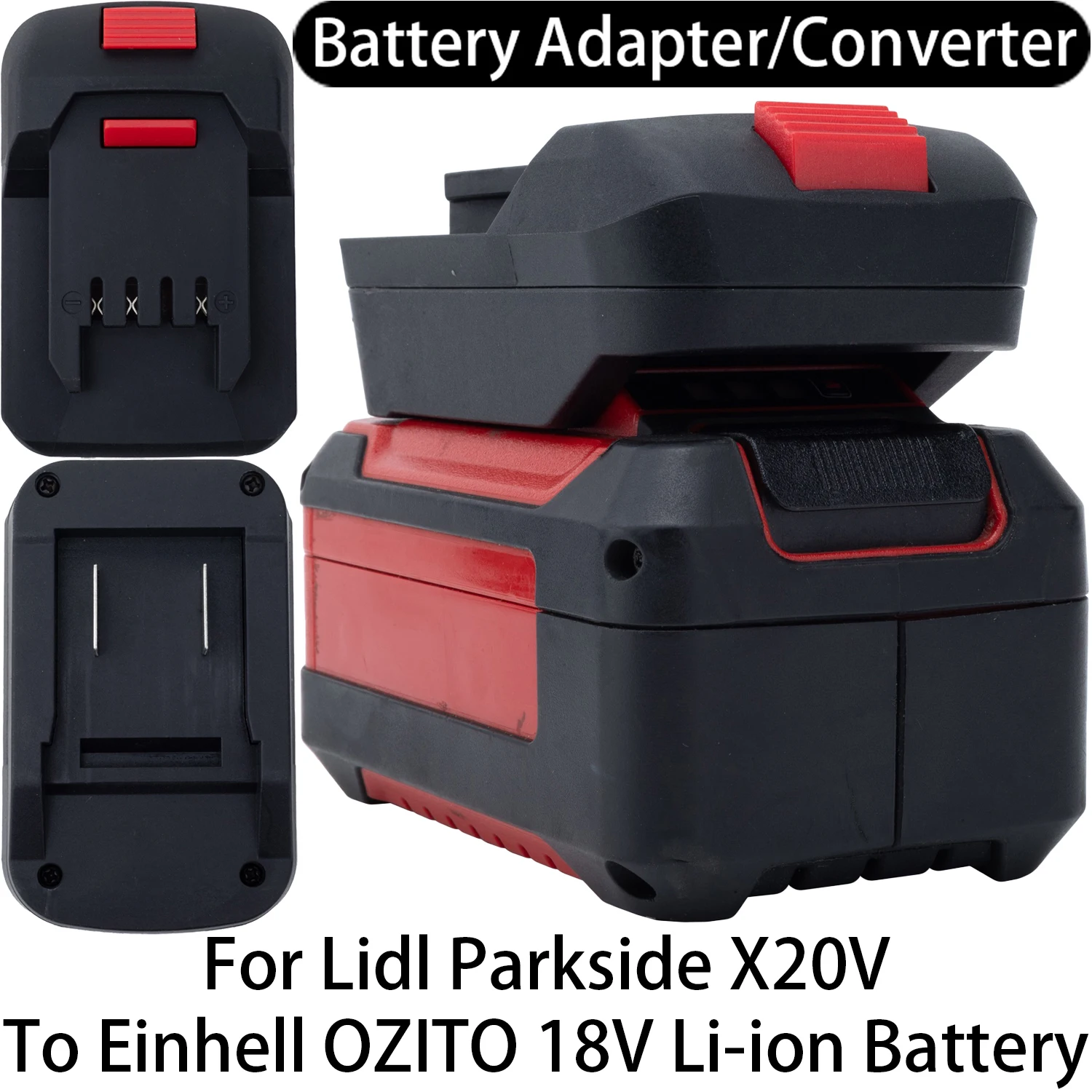 Фото Адаптер-конвертер для инструментов Lidl Parkside X20V Li-Ion, совместимый с аккумуляторами Einhell OZITO 18V Li-Ion, аксессуар для электроинструментов №1